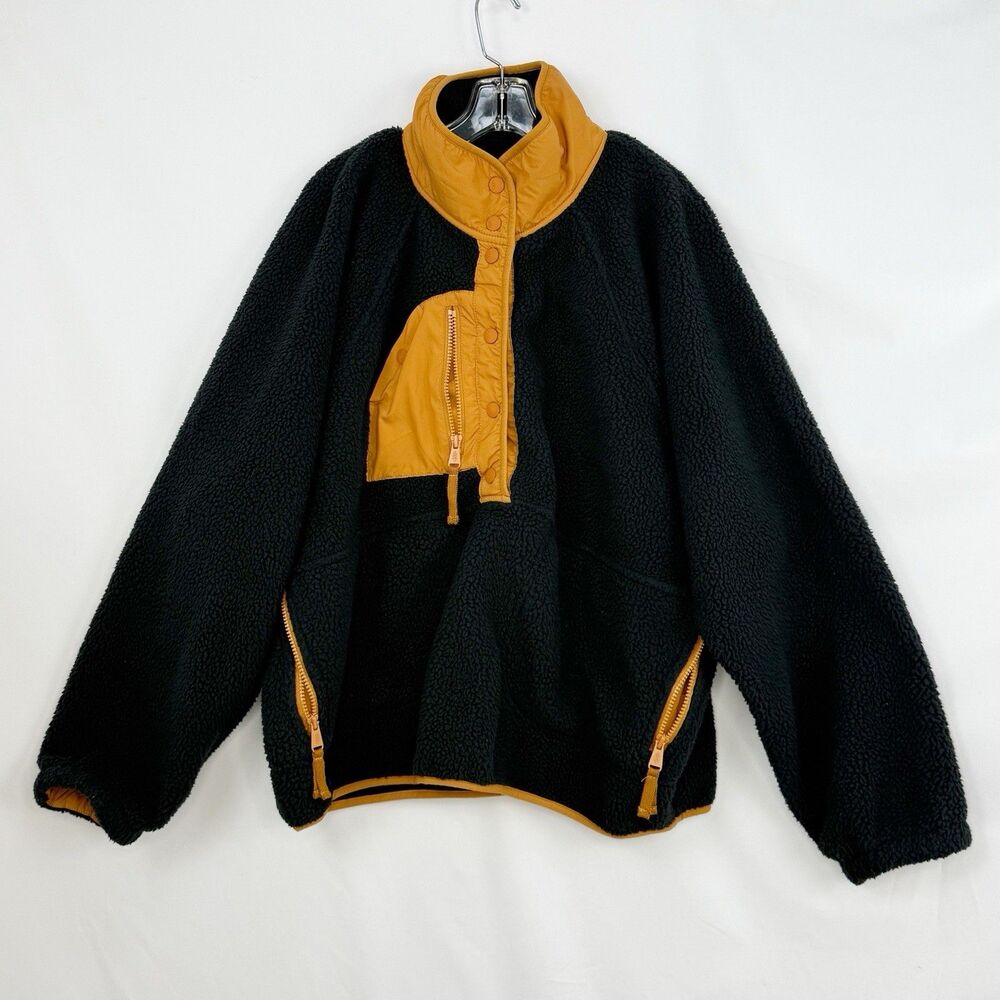 Free People Hit The Slopes Colorblock Pullover Fleece Womens XL Black & Tan - Picture 4 of 16